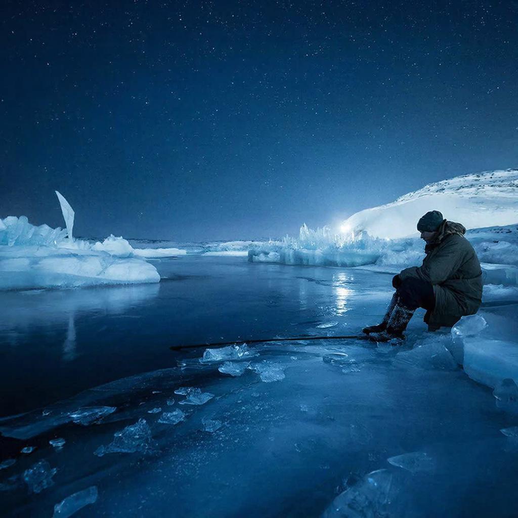 Ночная подлёдная рыбалка на налима: рыбак с налобным фонарём проверяет жерлицы на замёрзшей реке, красные флажки и тёплый свет фонаря в лунной синеве.