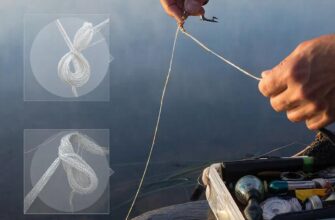 Крупный план на рассвете: рыболов завязывает идеальный узел на крючке у туманного озера, спокойная атмосфера и аккуратно разложенные снасти.