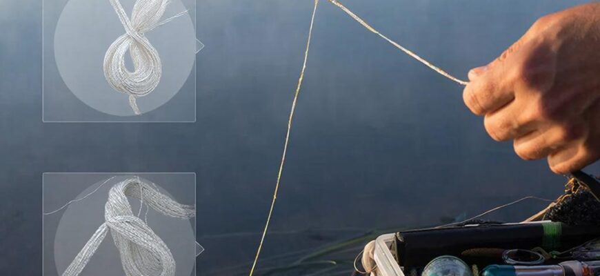 Крупный план на рассвете: рыболов завязывает идеальный узел на крючке у туманного озера, спокойная атмосфера и аккуратно разложенные снасти.