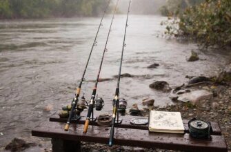 Рыболов на рассвете у реки выбирает фидер: несколько удилищ с разными вершинами и кормушками на влажной скамье, мягкий пасмурный свет.