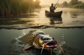 Наполовину подводный кадр: рыболов на рассветной реке вываживает гигантского сома у лодки, золотой туман и лучи света над водой.