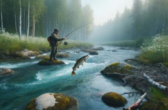 Рассвет на северной горной реке: рыболов на мушку забрасывает, хариус вырывается из воды, туман и золотой свет.