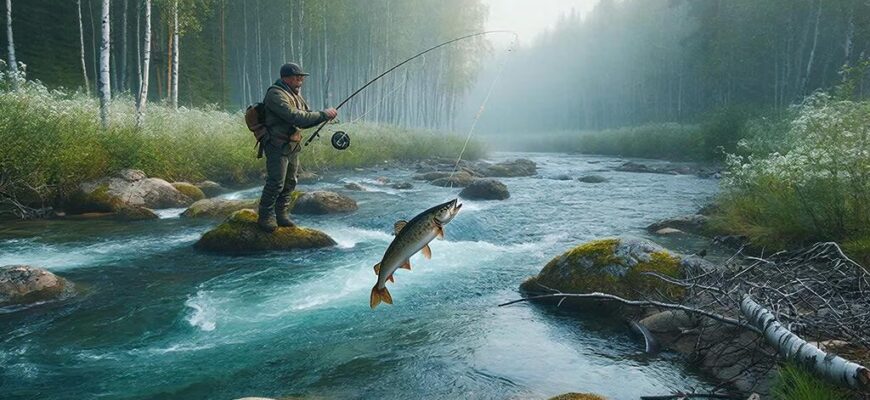 Рассвет на северной горной реке: рыболов на мушку забрасывает, хариус вырывается из воды, туман и золотой свет.