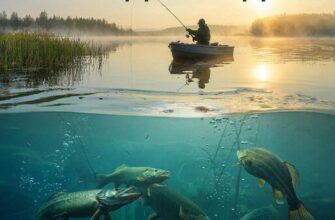 Разрез над и под водой на рассвете: рыбак делает заброс спиннингом, под водой щука у травы и судак у камней преследуют разные приманки.