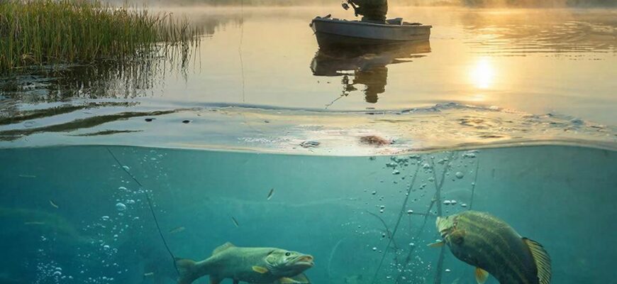 Разрез над и под водой на рассвете: рыбак делает заброс спиннингом, под водой щука у травы и судак у камней преследуют разные приманки.