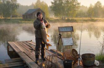 Туманный платный пруд в Подмосковье на рассвете: рыболов на пристани вываживает трофей, золотые лучи пробиваются сквозь берёзы.