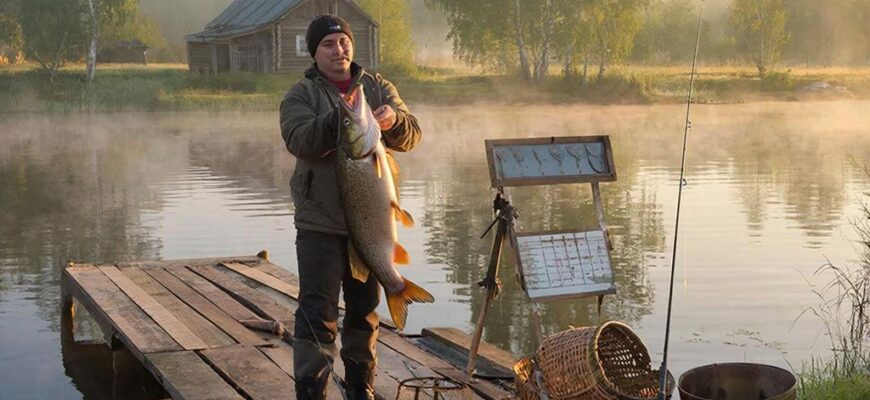 Туманный платный пруд в Подмосковье на рассвете: рыболов на пристани вываживает трофей, золотые лучи пробиваются сквозь берёзы.
