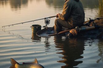 Сплит-кадр на рассвете: рыболов в камуфляже крадётся у камышей, а под водой к насадке на волосе приближается трофейный карп в золотых отблесках.