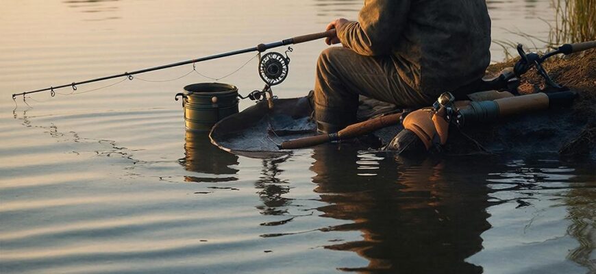 Сплит-кадр на рассвете: рыболов в камуфляже крадётся у камышей, а под водой к насадке на волосе приближается трофейный карп в золотых отблесках.