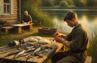 рыбак готовит красочную наживку для рыбалки на берегу озера