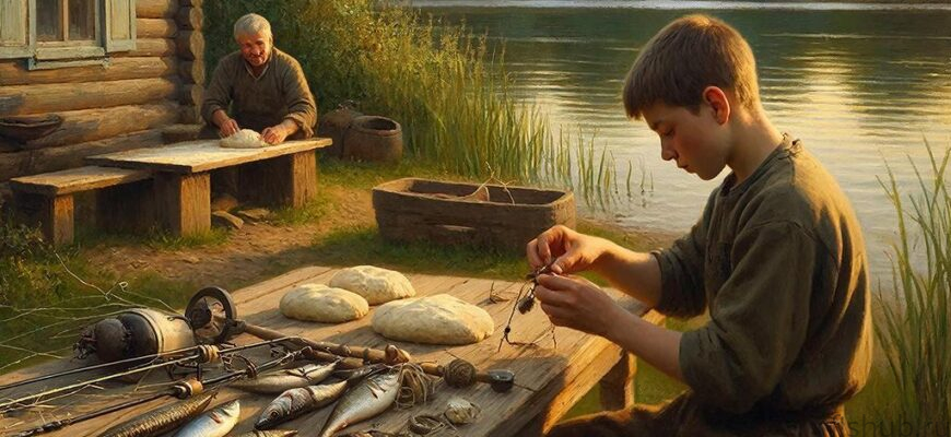 рыбак готовит красочную наживку для рыбалки на берегу озера