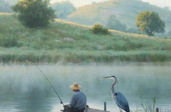 Доброта рыболова на берегу озера с ловлей леща на рассвете.